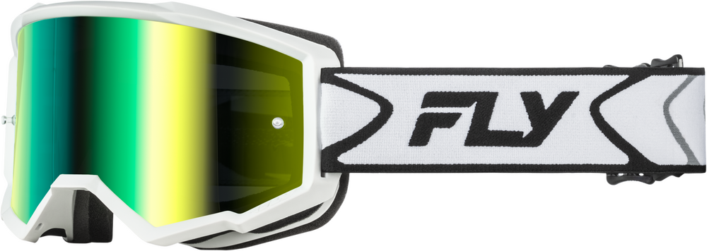 FLY RACING ZONE GOGGLE WHITE/BLACK W/ IRIDESCENT GRN MIRROR LENS